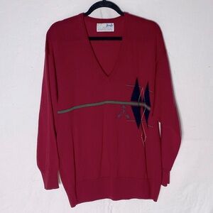 Vintage Pringle Sports Mick Faldo Red Lambswool Golf V Neck Light Knit Sweater L